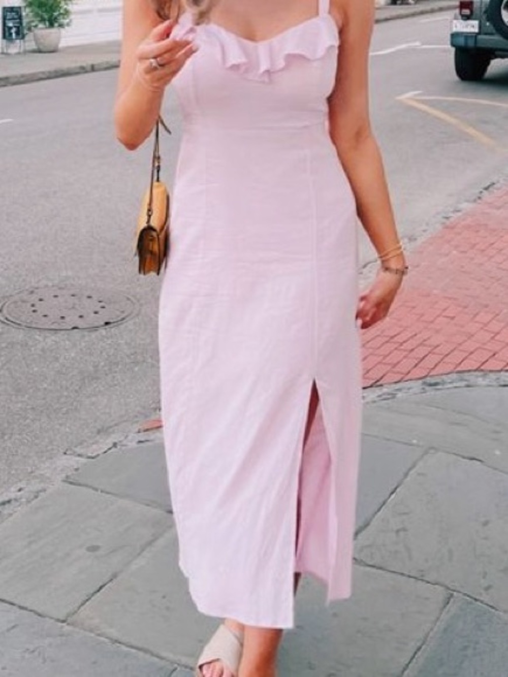 Old Navy Light Pink Ruffle-Trim Midi Dress with Front Slit
